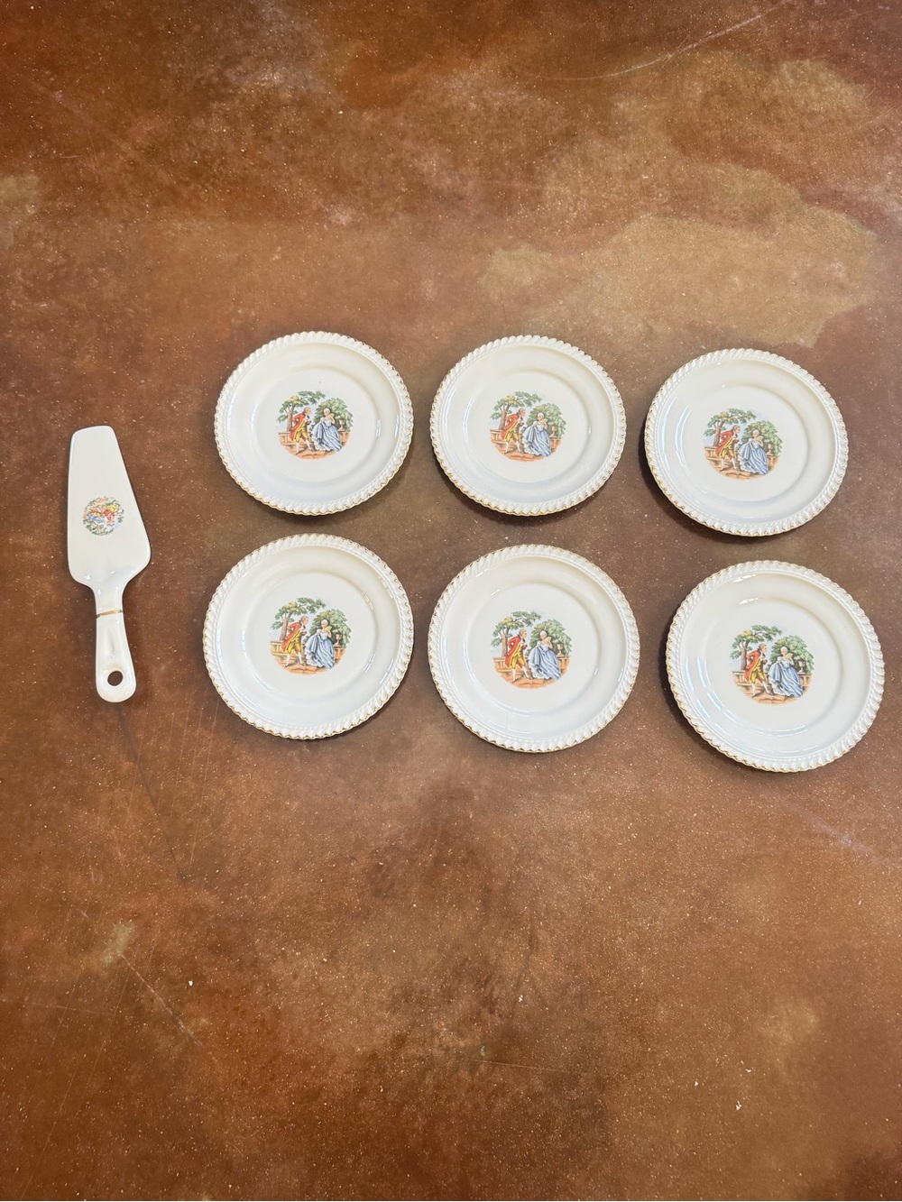 Harker Pottery Godey Prints pattern dessert plates with 22k gold trim